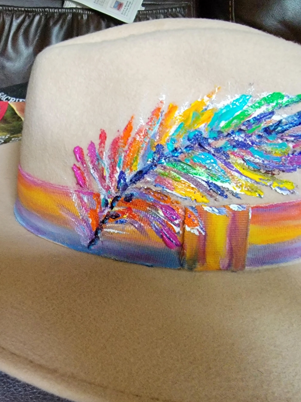 Beige Fedora with Hand-Painted Rainbow Feather